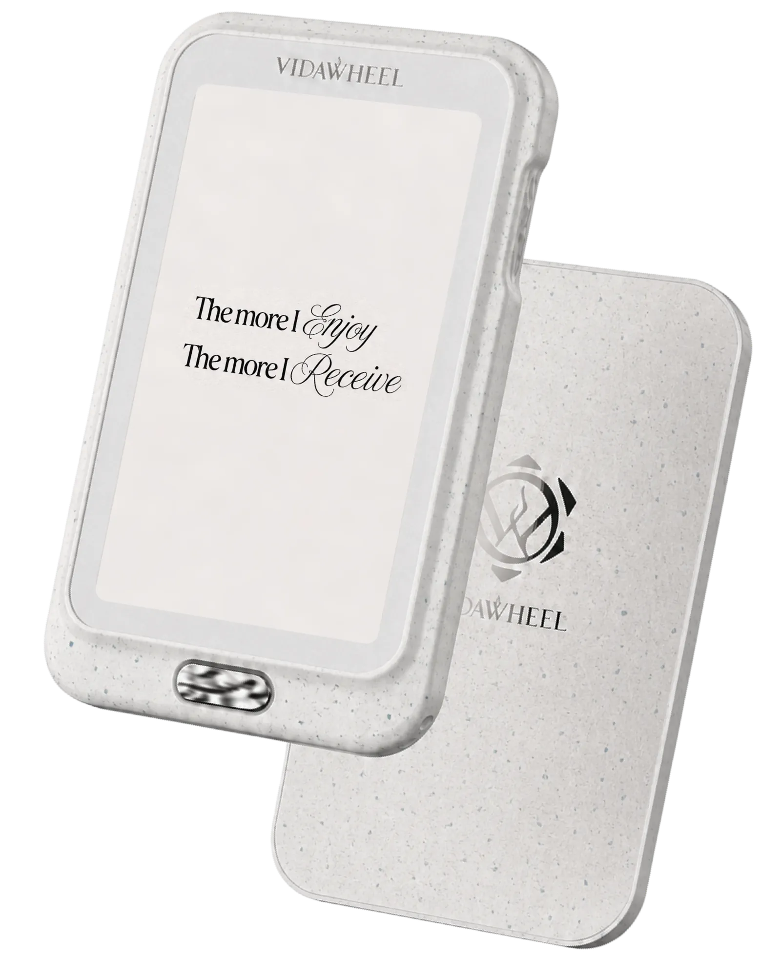 The VidaSnap device in Moon Mist, displaying the affirmation 'You are enough, just as you are.'