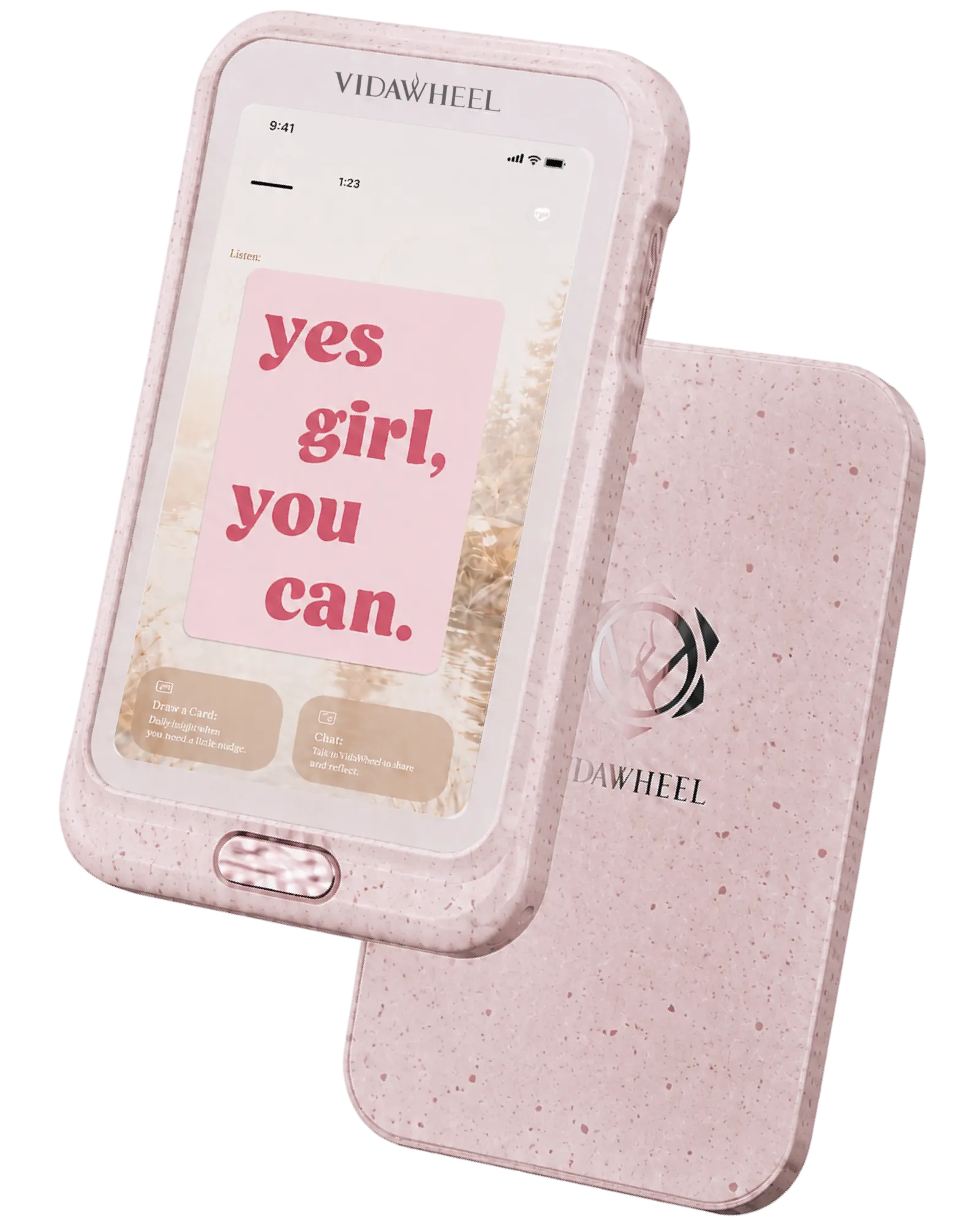 The VidaSnap device in Blush Rose, displaying the affirmation 'You are enough, just as you are.'