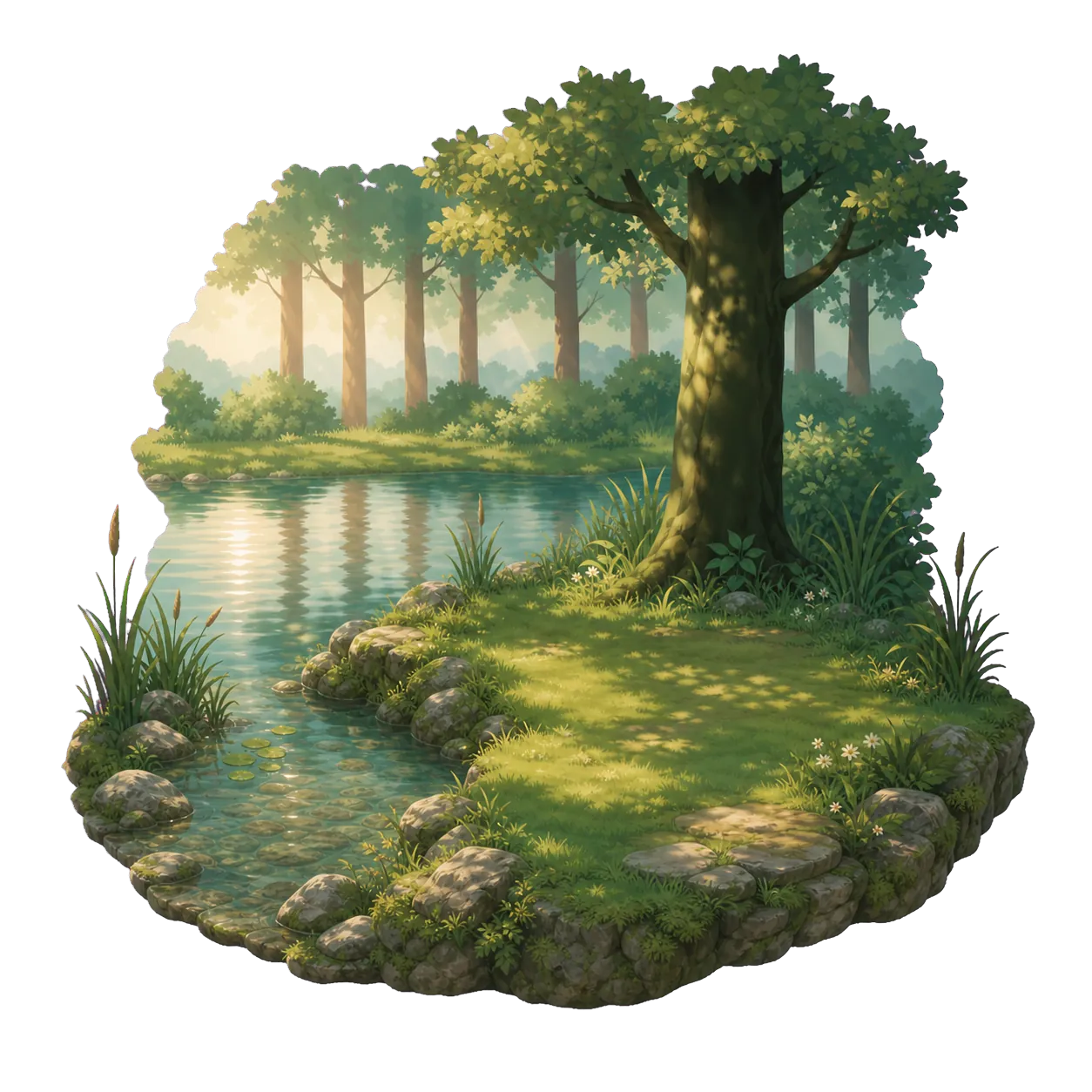 A serene floating island with a tranquil pond, wildflowers, pine trees, and a sunrise over misty mountains