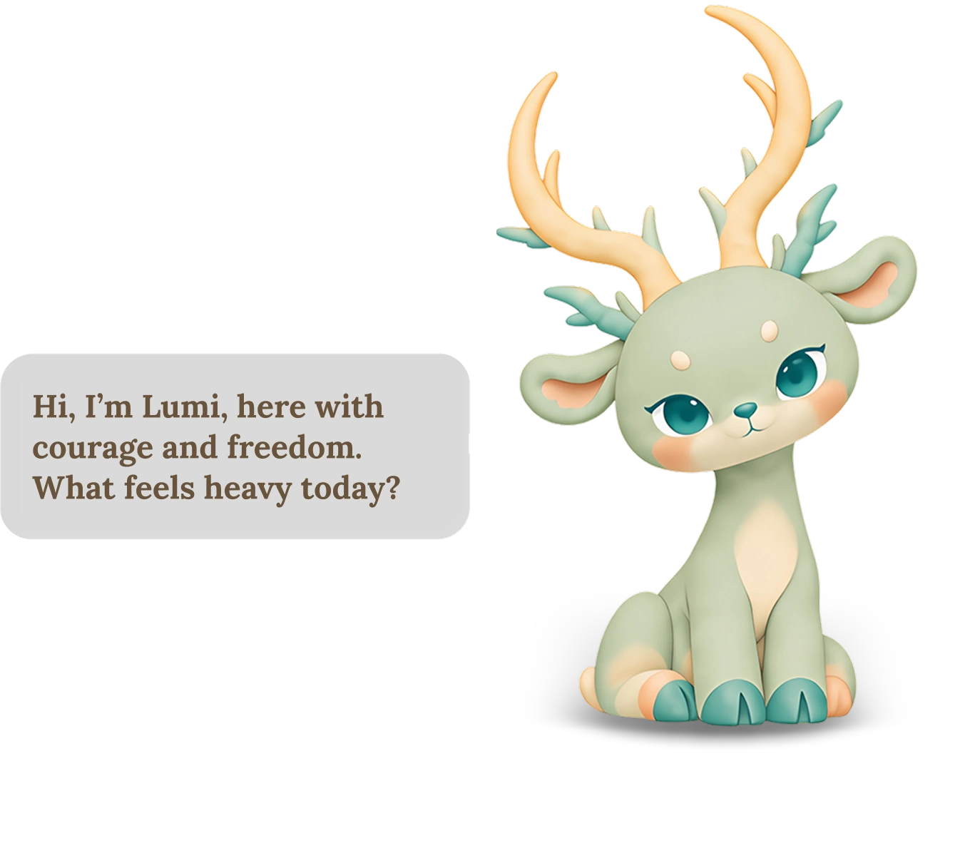 Lumi, a gentle spotted fawn with ornate antlers, sitting and greeting you
